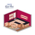 Isometric floor plan of kitchen with big worktop and dining room with carpet in colorful silhouette