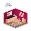 Isometric floor plan of kitchen and dining room with carpet in colorful silhouette