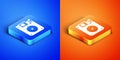 Isometric Floppy disk for computer data storage icon isolated on blue and orange background. Diskette sign. Square