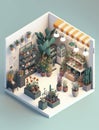 An isometric flower shop interior. Lots of plants in green.