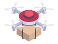 Isometric flying delivery drone. Logistic service quadcopter, aerial shipping drone, express delivery robot carrying package 3d