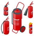 Isometric foam extinguishers, fire extinguishers isolated on white background. Fire safety and protection Royalty Free Stock Photo