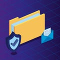 isometric folder documents with shield security and letter