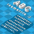 Isometric font alphabet with drop shadow on blue