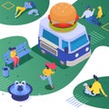 Isometric food truck vector illustration. Fastfood hot design, street snack at city van. Man woman people character