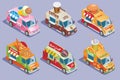 Isometric food trucks collection for sale and delivery of ice cream coffee burgers pizza