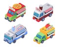 Isometric food trucks selling pizza, hot coffee, water and organic vegetables and fruit. Snacks and drinks