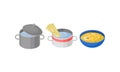 Isometric Foodstuff with Boiling Water in Saucepan and Soup Bowl Vector Set