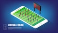 Isometric football online application on smartphone display, vector illustration