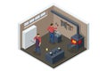 Isometric Forge, blacksmith. Strong blacksmith with hammer and anvil forge iron. Blacksmith in workshop