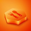 Isometric Fork and spoon icon isolated on orange background. Cooking utensil. Cutlery sign. Orange hexagon button