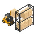 Isometric forklift lifting load of boxes stacked on a pallet to an industrial storage rack. Safety in handling a fork lift truck. Royalty Free Stock Photo