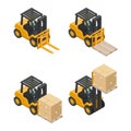 Isometric forklift set lifting load of boxes stacked on a pallet. Safety in handling a fork lift truck. Industrial logistics of Royalty Free Stock Photo