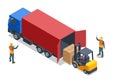 Isometric Forklift Tractor Loading Package Boxes on Pallet into Cargo Container. Delivery and Logistic, Storage and
