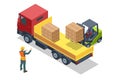 Isometric Forklift Tractor Loading Package Boxes on Pallet into Cargo Container. Delivery and Logistic, Storage and