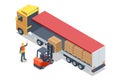 Isometric Forklift Tractor Loading Package Boxes on Pallet into Cargo Container. Delivery and Logistic, Storage and
