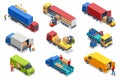 Isometric Forklift Tractor Loading Package Boxes on Pallet into Cargo Container Delivery and Logistic, Storage and Truck