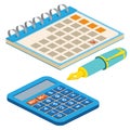 Isometric fountain pen, calendar and calculator on white background. For web design and application interface, also useful for in Royalty Free Stock Photo