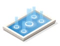 Isometric fountain water spout spray in basin on white background.