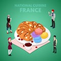 Isometric France National Cuisine with Croissant, Macaroons and French People in Traditional Clothes
