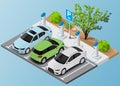 Isometric free electric car parking and charging. Ecological green planet concept.