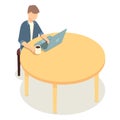 Isometric freelancer working with table with coffee cup