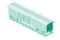 Isometric Freight Railroad Car Isolated on White Background. Freight Boxcar Wagon. Part of Cargo Train. Outline Transportation