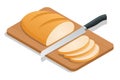 Isometric Fresh bread on the kitchen table. Whole grain bread. Fresh crispy bread cut into pieces and a knife.