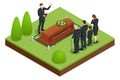 Isometric Funeral ceremony at the cemetery. Sad and crying people in black clothes are standing with flowers near the Royalty Free Stock Photo