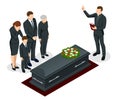 Isometric Funeral ceremony at the cemetery. Sad and crying people in black clothes are standing with flowers near the Royalty Free Stock Photo