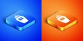 Isometric Funeral urn icon isolated on blue and orange background. Cremation and burial containers, columbarium vases