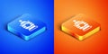 Isometric Funeral urn icon isolated on blue and orange background. Cremation and burial containers, columbarium vases