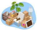 Isometric Furniture delivery, moving house service concept. Carton boxes with stuff. Relocation.
