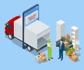 Isometric Furniture delivery, moving house service concept. Relocation. Loaders taking furniture from truck. Delivery