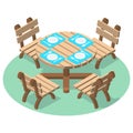 Isometric furniture - dinner table with cutlery and four chairs