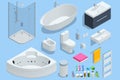 Isometric furniture elements, bathroom elements shower cabin, shower, bathtub, toilet bowl, bidet and heated towel rail Royalty Free Stock Photo