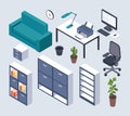 Isometric furniture. Office desk with monitor, computer mouse and lamp, printer and clock, armchair. Couch, plant in pot