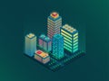 Isometric future city. Industrial office buildings in aerial view