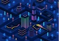 Isometric futuristic city vector illustration of 3d future night smart city infrastructure with illumination technology