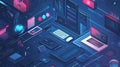 Isometric Futuristic Technology Network: Glowing Devices and Data Streams Royalty Free Stock Photo