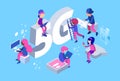 Isometric 5G network. Vector 5g wifi net. 3D different people, web developers at work