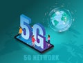 Isometric 5G network wireless technology template. Isometric smartphone with Earth planet letters 5g and tiny people