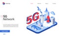 Isometric 5G telecom network technology vector illustration, cartoon 3d tech global network of high speed innovation