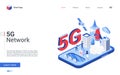 Isometric 5G telecom network, telecommunication technology modern concept landing page