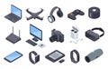 Isometric gadgets. Electronic wireless technology devices. Drone, headphones, smartwatch, vr headset, router. 3d