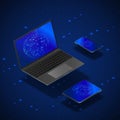 Isometric gadgets mock up set. Realistic laptop mobile and tablet with global networking on screen. Modern gadgets template. Royalty Free Stock Photo