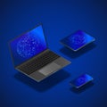 Isometric gadgets mock up set. Realistic laptop mobile and tablet with global networking on screen. Modern gadgets template. Royalty Free Stock Photo