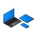 Isometric gadgets set. Laptop and mobile phone, tablet isometric view. Vector illustration