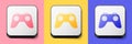 Isometric Game controller or joystick for game console icon isolated on pink, yellow and blue background. Square button Royalty Free Stock Photo