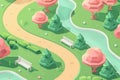 Isometric game map of a peaceful park in a pastel colors. winding path and a bench overlooking a pond. By generative Ai Royalty Free Stock Photo